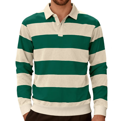 Striped contrasting button up long sleeved polo shirt