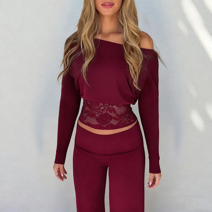 Sexy lace patchwork sloping shoulder top