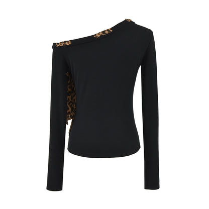 Leopard print drawstring tied diagonal shoulder long sleeved T-shirt