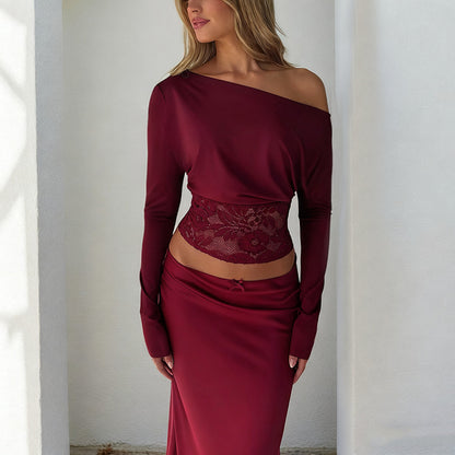 Sexy lace patchwork sloping shoulder top