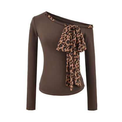 Leopard print drawstring tied diagonal shoulder long sleeved T-shirt