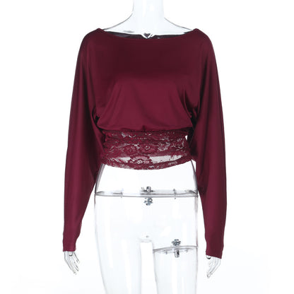 Sexy lace patchwork sloping shoulder top