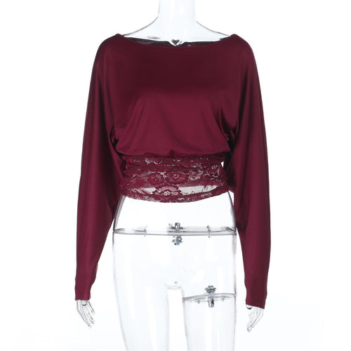 Sexy lace patchwork sloping shoulder top