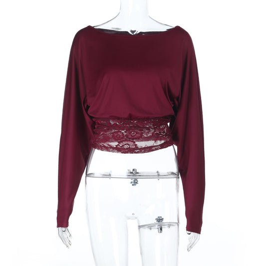 Sexy lace patchwork sloping shoulder top