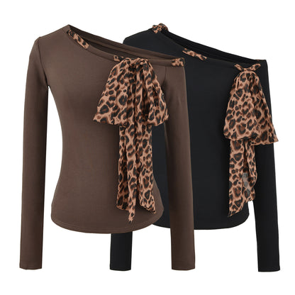 Leopard print drawstring tied diagonal shoulder long sleeved T-shirt