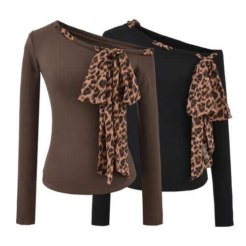 Leopard print drawstring tied diagonal shoulder long sleeved T-shirt