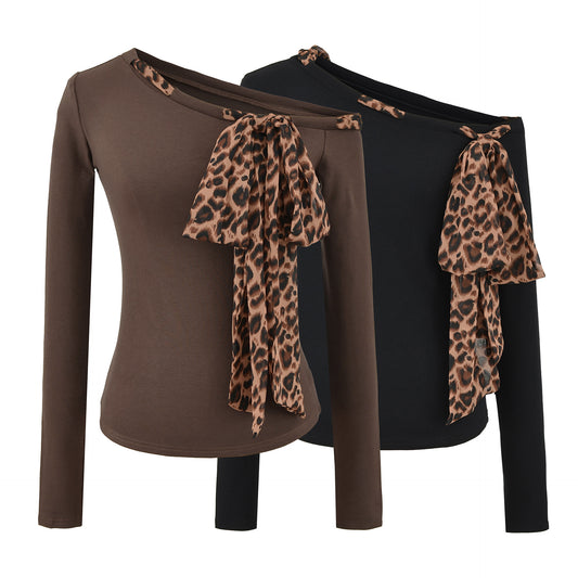 Leopard print drawstring tied diagonal shoulder long sleeved T-shirt